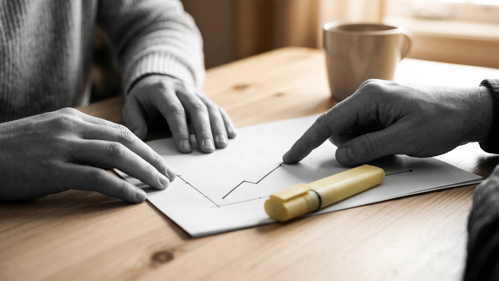 Mains pointant une courbe ascendante sur un document, surligneur jaune posé — revenus locatifs en hausse (Cash for Raise).