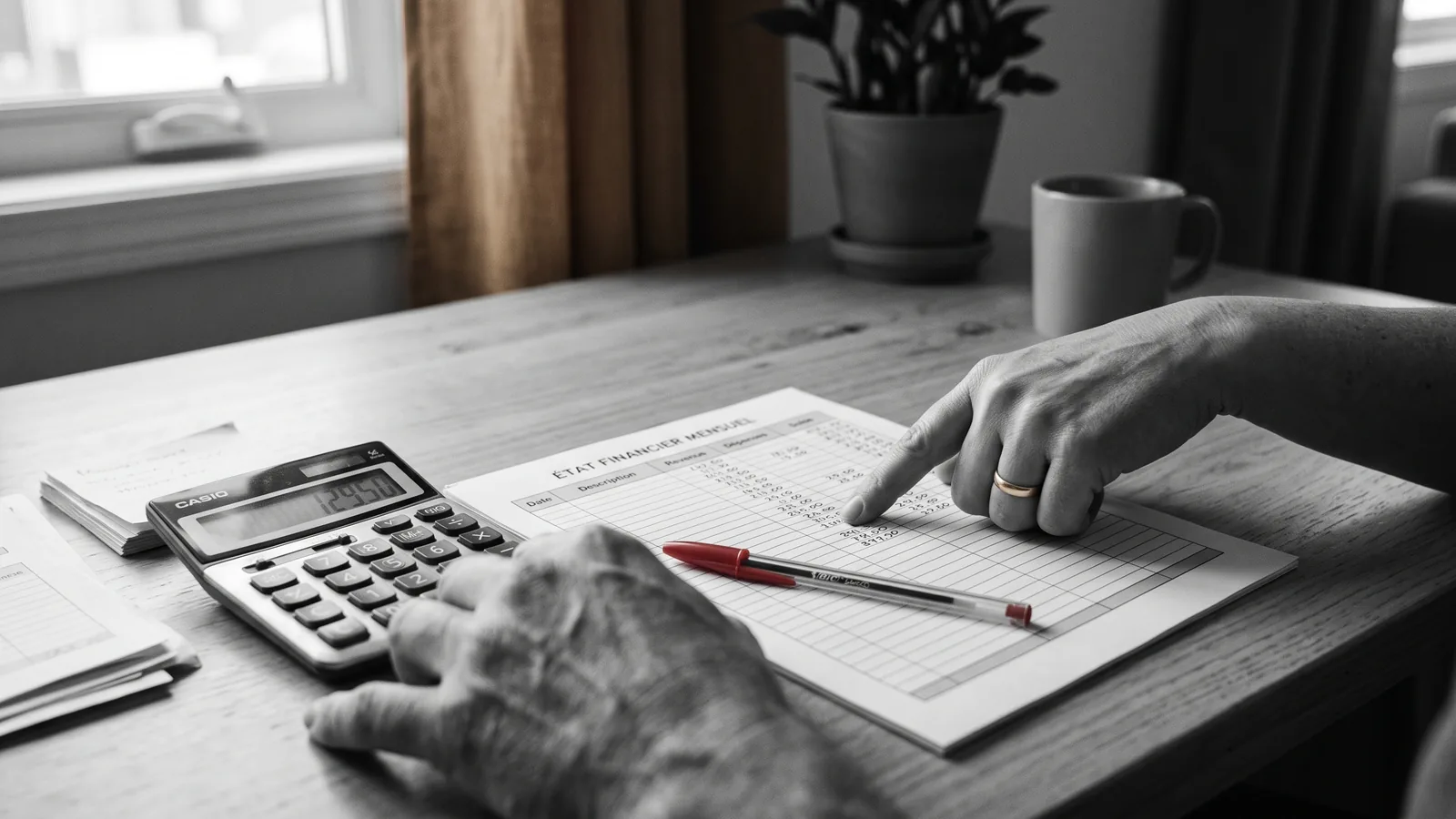 Mains pointant un tableau de calculs sur un bureau, optimisation de loyer avec un expert