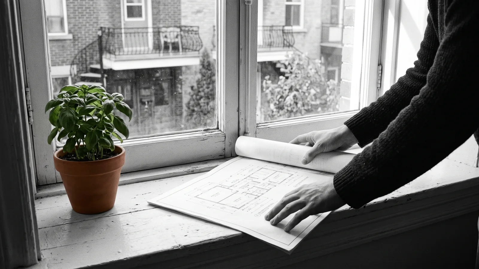 Mains deroulant des plans de renovation pres d'une fenetre, optimisation des revenus locatifs