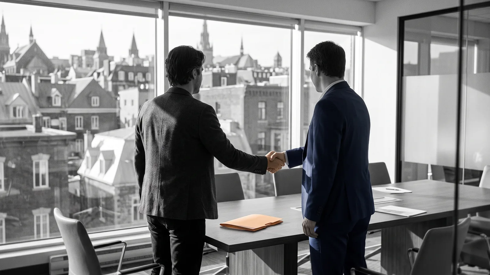 Poignee de main dans un bureau lumineux avec vue sur les toits, optimisation des revenus locatifs