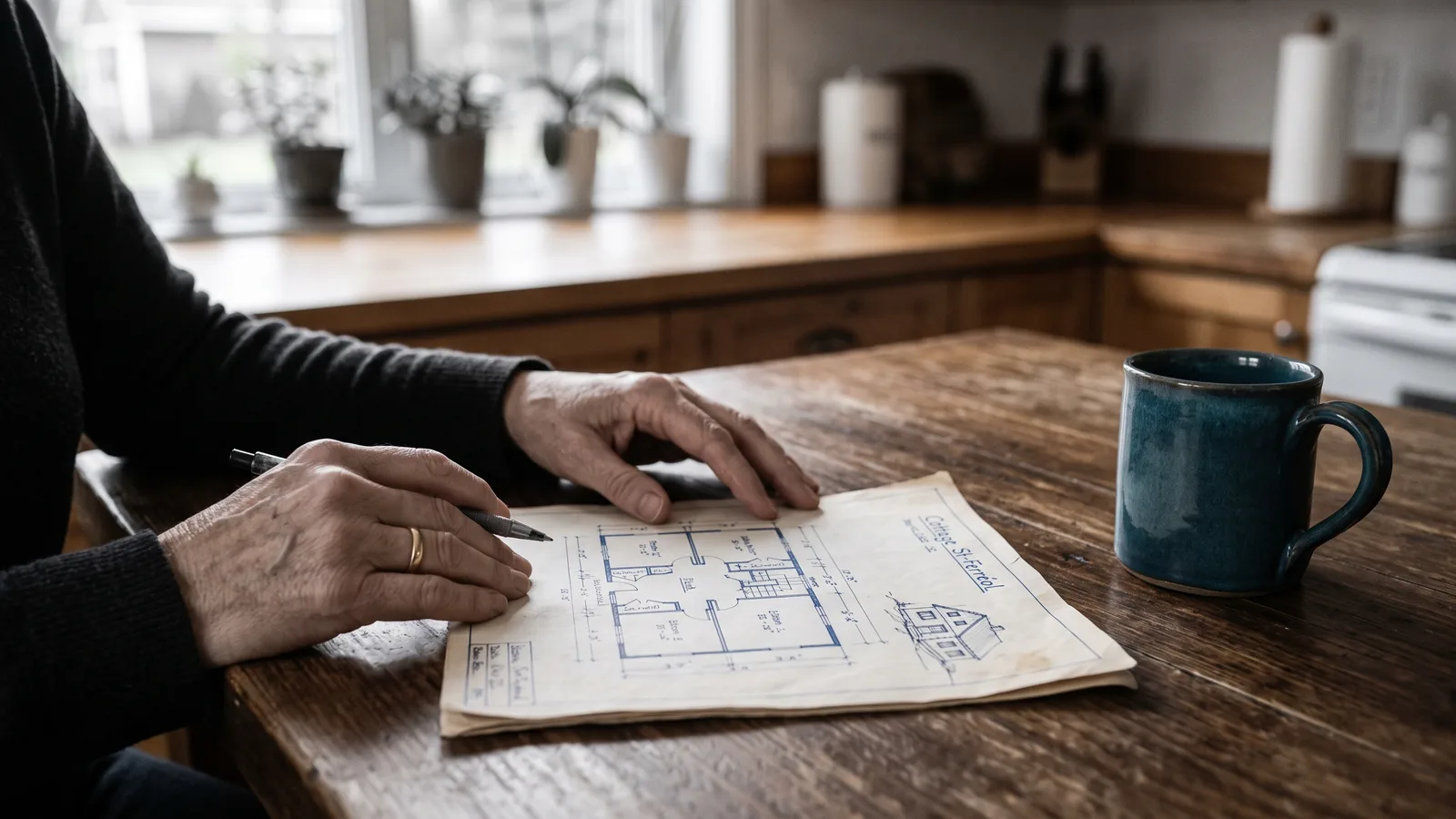 Mains d'un proprietaire planifiant sur une table de cuisine claire, optimisation de loyer