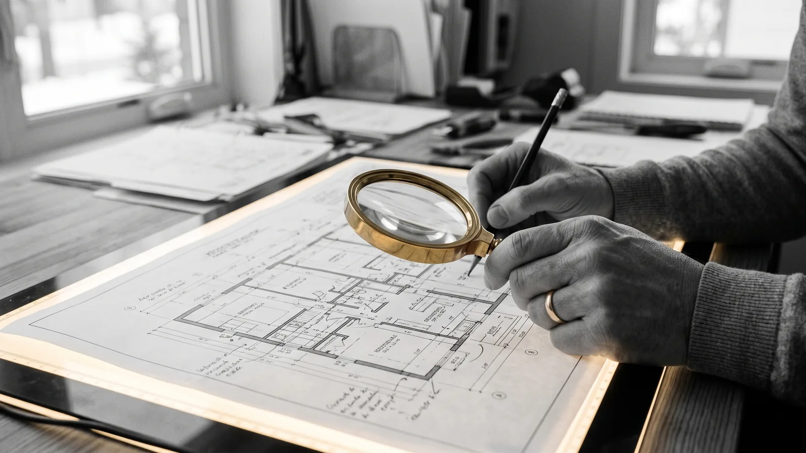 Mains avec une loupe cerclée de laiton au-dessus de plans — révéler la valeur cachée, optimisation de loyer.