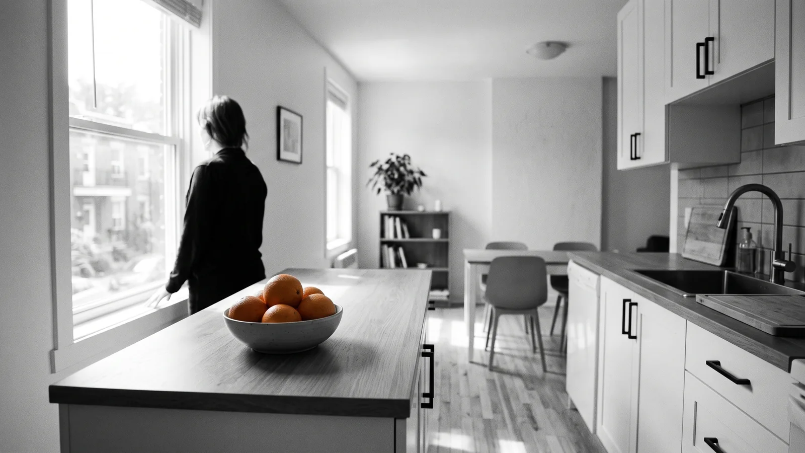 Appartement rénové lumineux et accueillant, bol d'oranges sur le comptoir — valeur récupérée par l'optimisation de loyer.