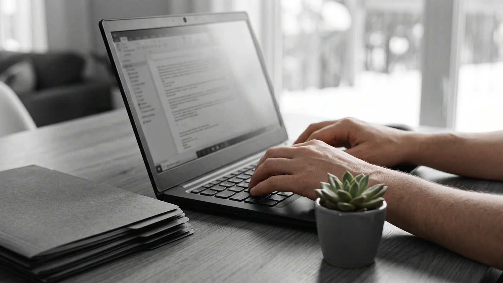Bureau ordonné avec ordinateur portable et dossiers, mains qui tapent, petite plante verte — services gérés de A à Z.